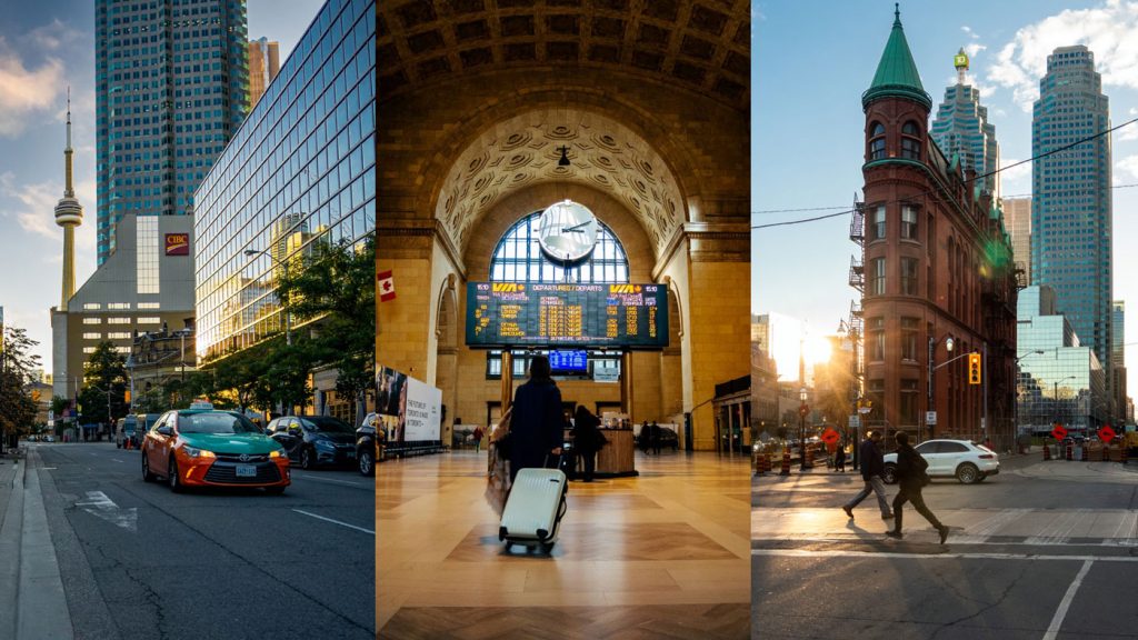 Toronto's iconic Front Street: CN Tower, Beck taxi, Union Station and Gooderham Building / photos by Mike Simpson (@tdot_mike)